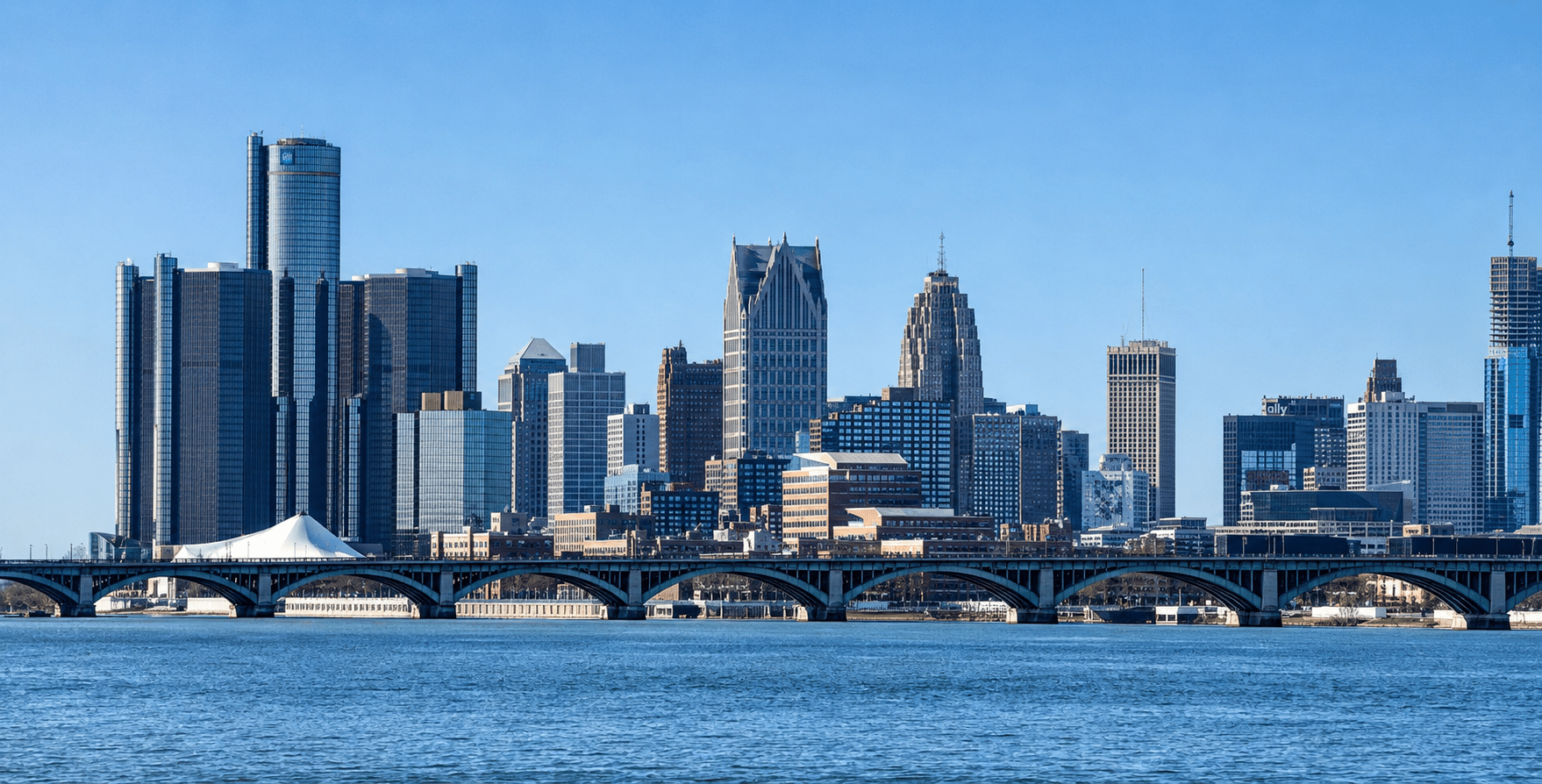 Detroit skyline and waterfront focused on the Renaissance Center