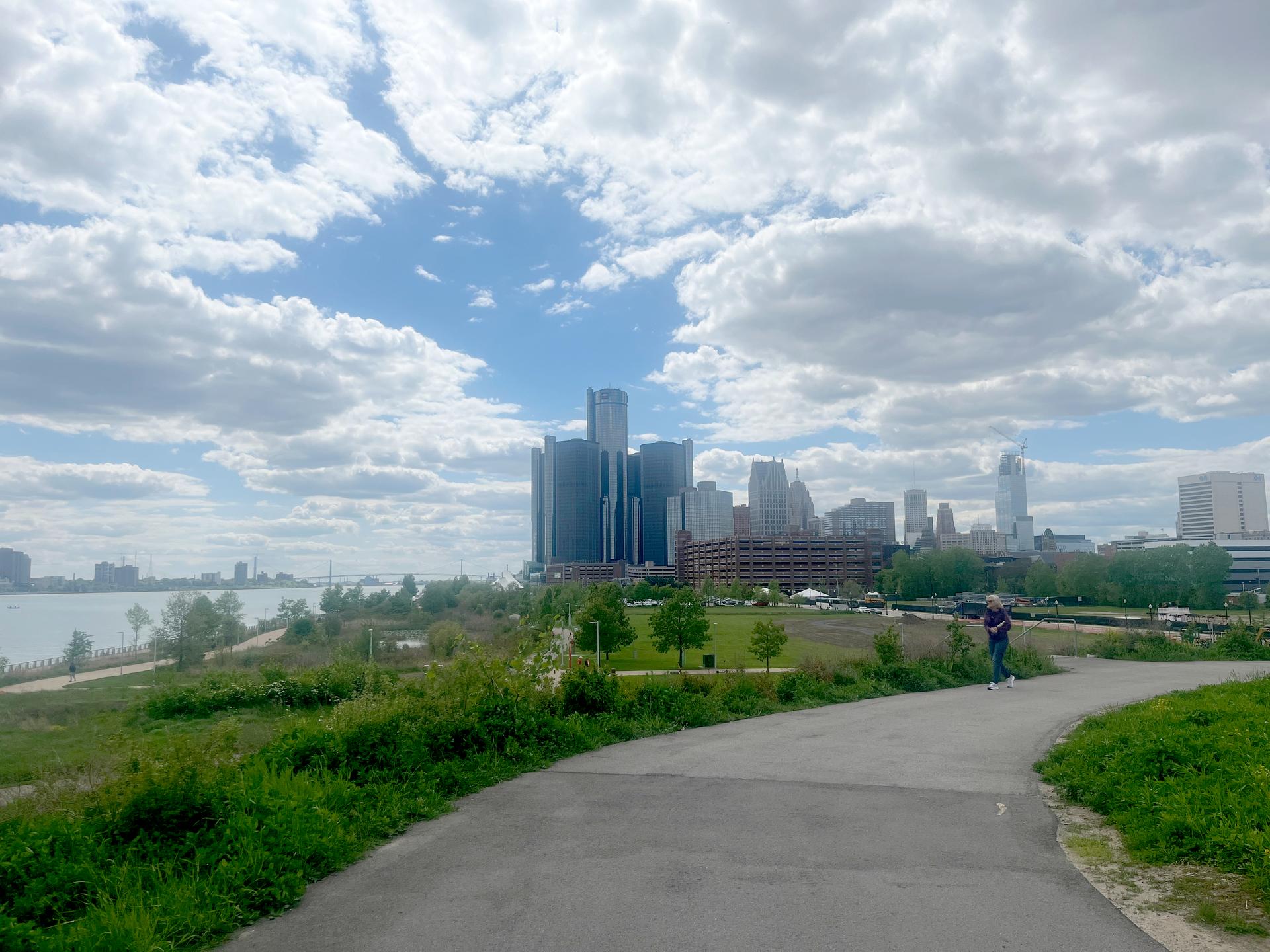 Detroit skyline and riverfront from the Detroit Riverwalk